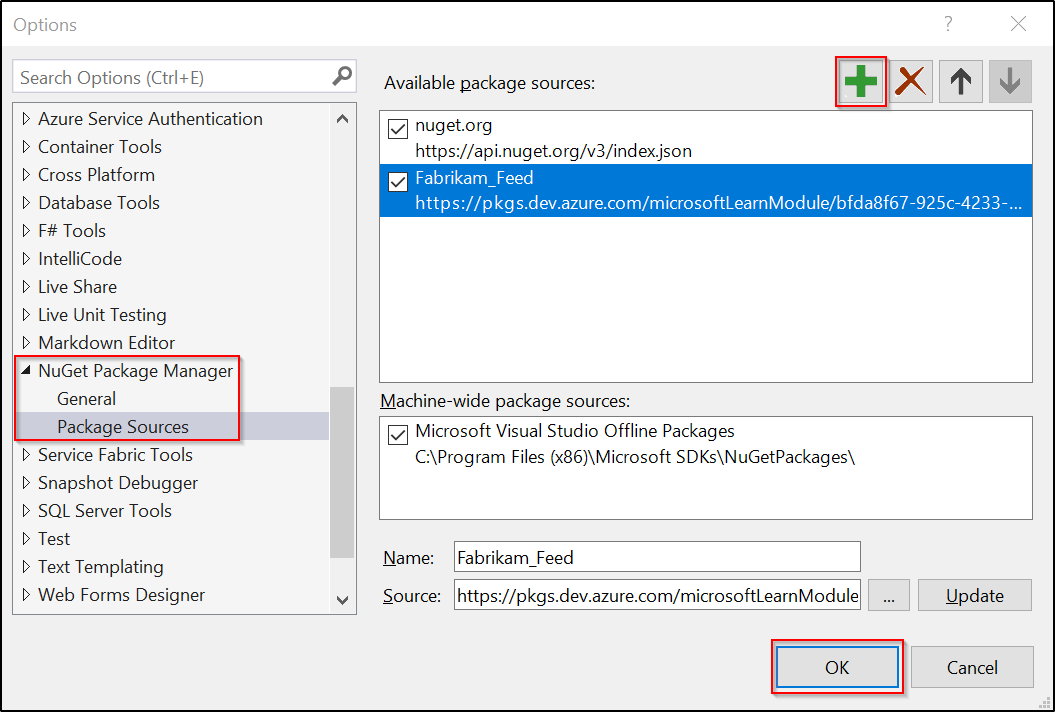 Visual Studio で新しいパッケージ ソースを追加する方法を示すスクリーンショット - Windows