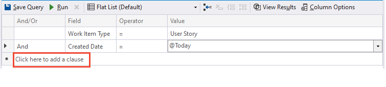 Visual Studio クエリ エディターのスクリーンショット (新しい句の追加)。