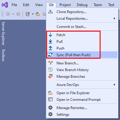 Visual Studio の [Git] メニューの [フェッチ]、[プル]、[プッシュ]、[同期] オプションのスクリーンショット。