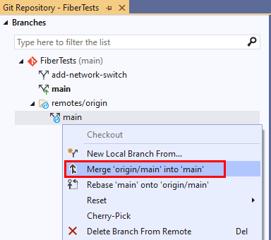 Visual Studio の [Git リポジトリ] ウィンドウのブランチ コンテキスト メニューにある [マージ] オプションのスクリーンショット。