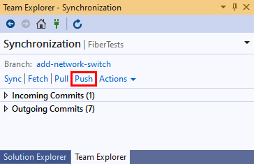 Visual Studio 2019 のチーム エクスプローラーの [同期] ビューの [プッシュ] リンクのスクリーンショット。