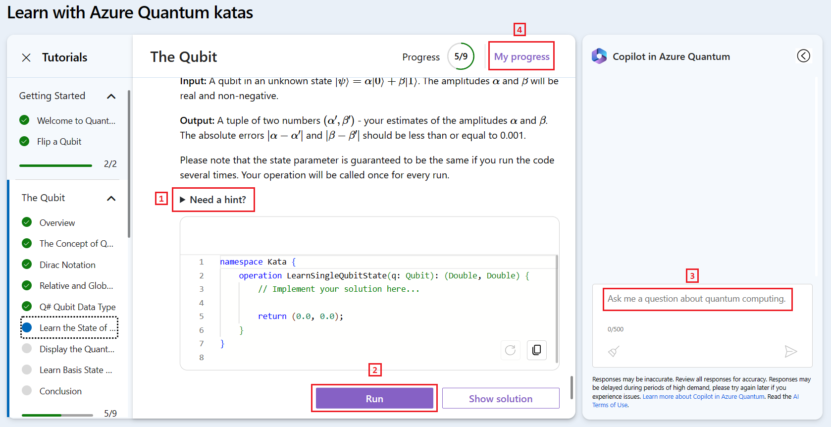 Copilot を使用した Quantum Katas チュートリアルを示す Azure Quantum Web サイトのスクリーンショット。