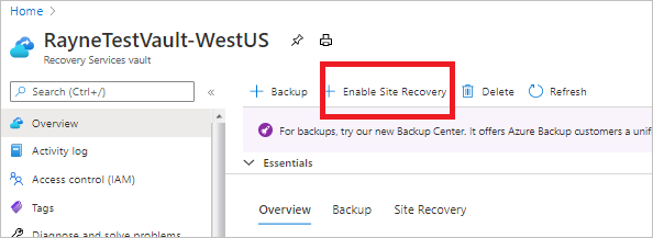 Selection to enable Site Recovery in the vault