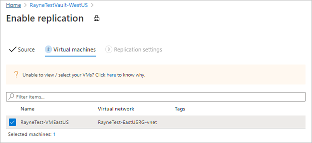 Page to select VMs for replication
