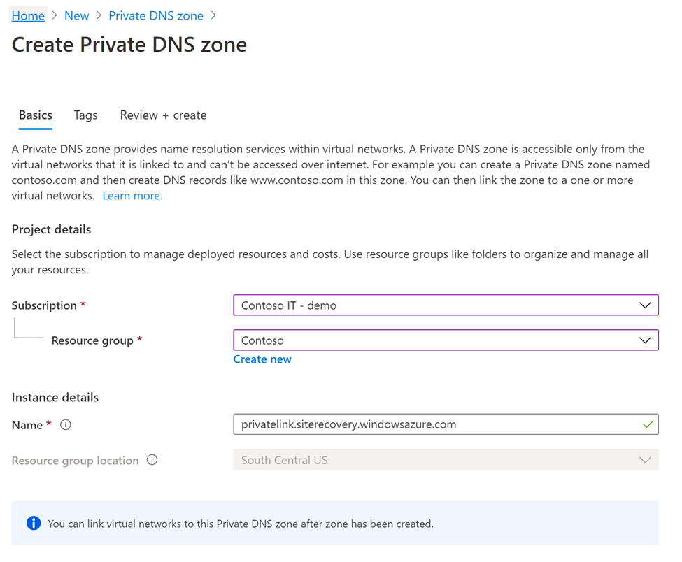 [プライベート DNS ゾーンの作成] ページの [基本] タブを示すスクリーンショット。