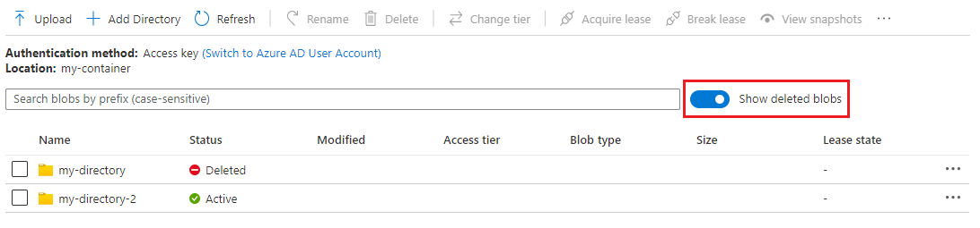 Azure portal で論理的に削除された BLOB を一覧表示する方法を示すスクリーンショット (階層型名前空間が有効なアカウント)。