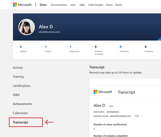 A transcript inside the Microsoft Learn profile. Transcript is highlighted in the navigation menu.
