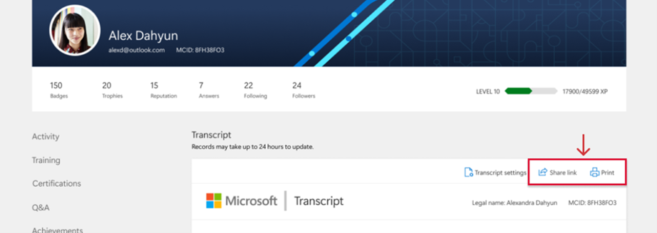 Links for sharing and printing transcripts are highlighted in the Transcripts tab on the Microsoft Learn profile.