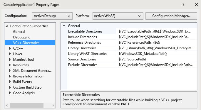 さまざまなディレクトリのルールを示す Visual Studio の [プロパティ ページ] ダイアログのスクリーンショット。