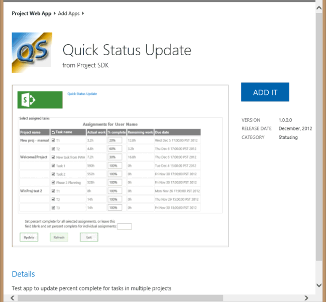 QuickStatus アプリを Project Web Appに追加