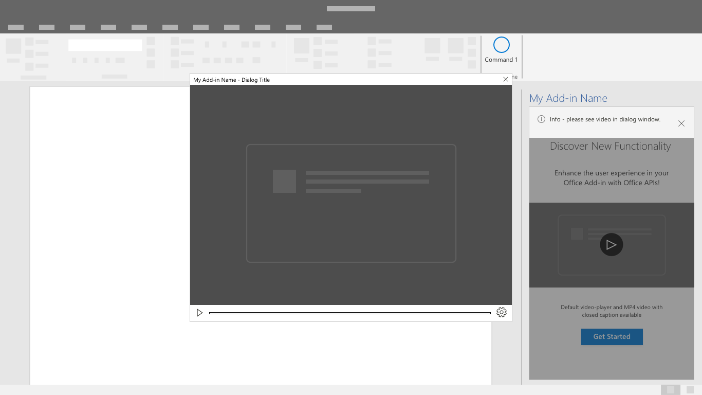 Office デスクトップ アプリケーションとアドイン作業ウィンドウが背景にあるダイアログ ウィンドウのビデオを示す図。