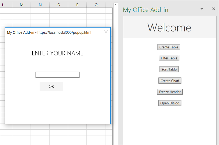 アドイン作業ウィンドウに [ダイアログを開く] ボタンが表示され、ワークシートの上にダイアログ ボックスが表示されている Excel。