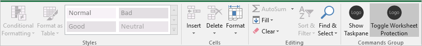 [ワークシート保護の切り替え] ボタンが強調表示され、有効になっている Excel リボン。その他のほとんどのボタンは灰色で表示され、無効になっています。