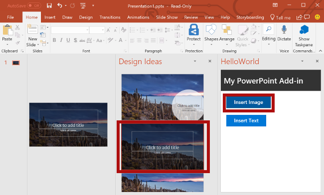 PowerPoint 上で選択されているタイトル スライドと、アドイン上で強調表示されている [画像の挿入] ボタン。