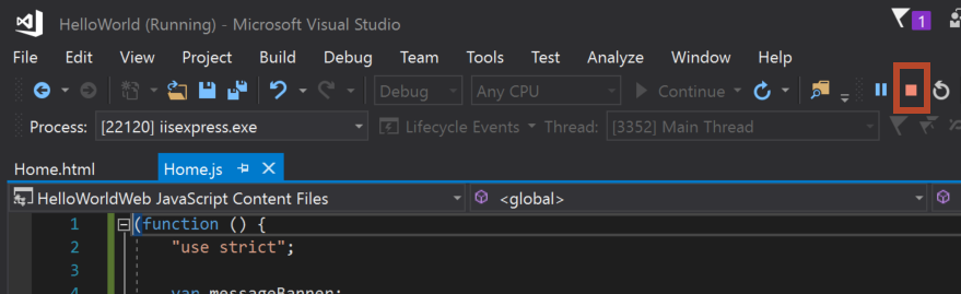 Visual Studio 上で強調表示されている [停止] ボタン。