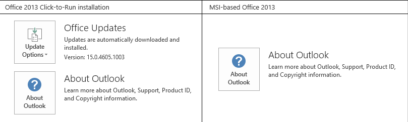 クイック実行と MSI ベースの Office インストールの Office アカウント ページのスクリーンショット。
