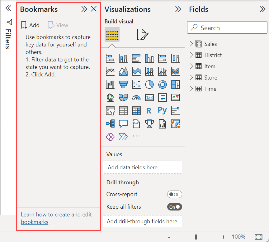 Screenshot showing Bookmarks in Power BI.