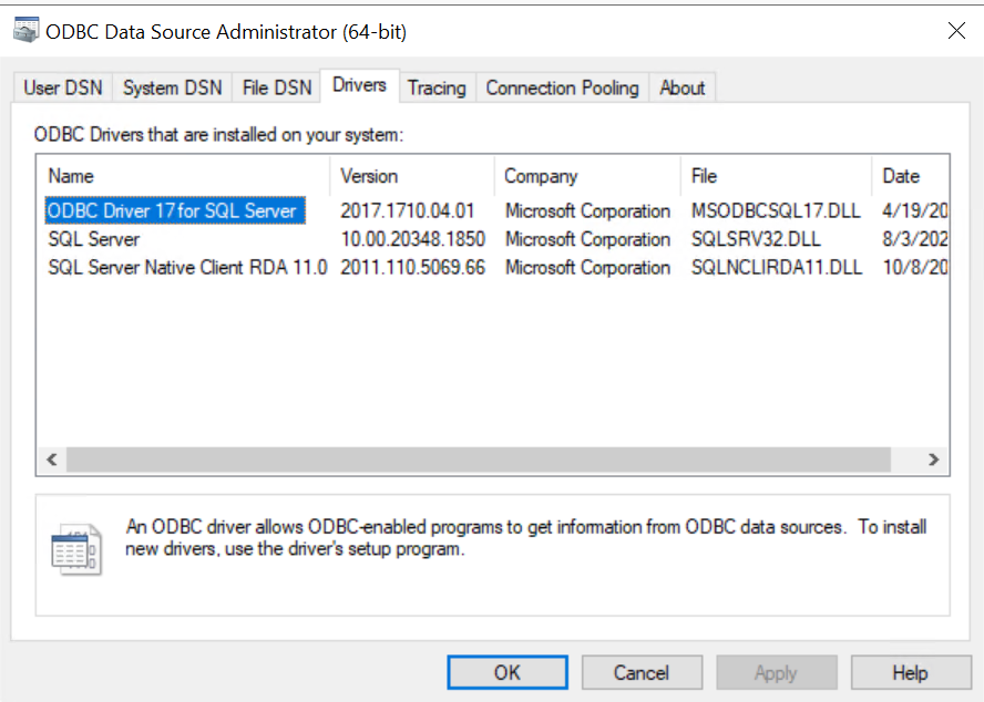 Installed 64-bit ODBC drivers