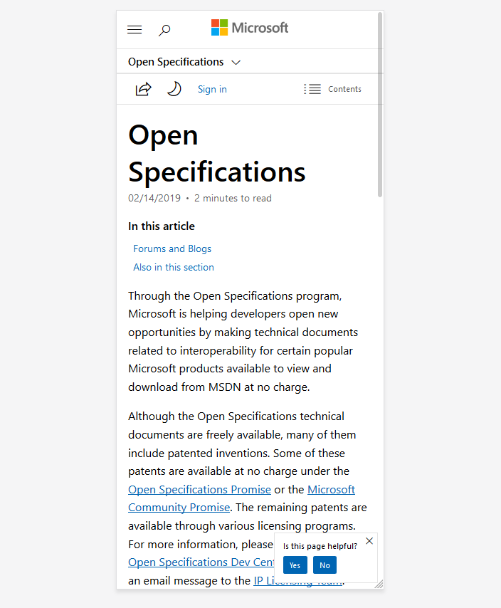 Open Specifications ドキュメントのレスポンシブ デザイン
