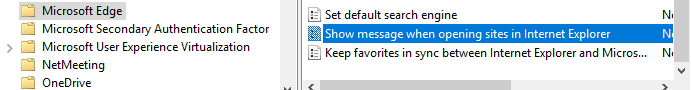 Microsoft Edge フォルダーでインターネット エクスプローラー ポリシーでサイトを開くときにメッセージを表示するのスクリーンショット。