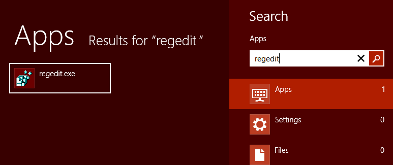 スクリーンショットは、regedit.exe の検索結果を示しています。