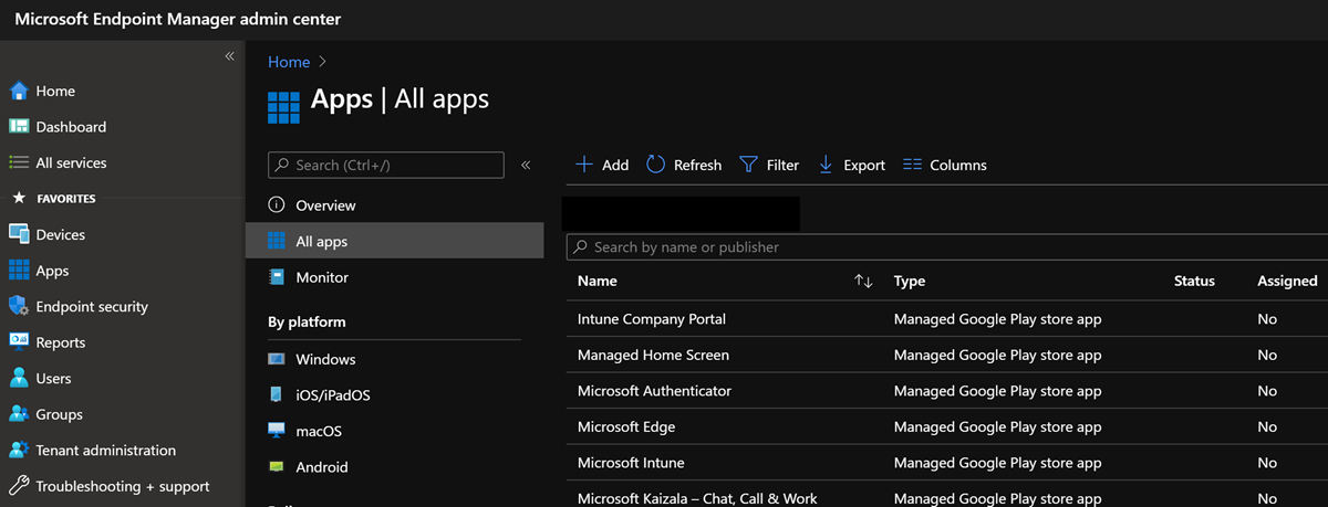 Microsoft エンドポイント マネージャー管理センターの [すべてのアプリ] ページ。
