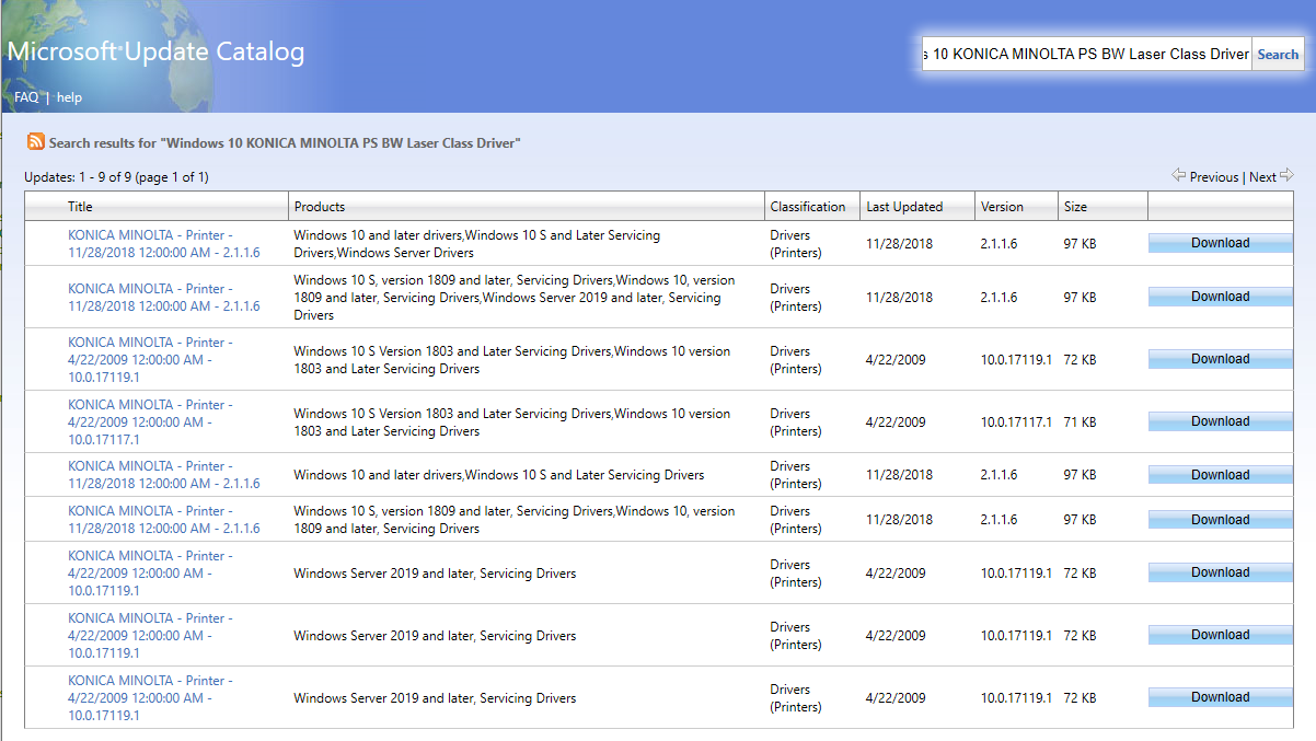Microsoft Update Catalog の KONICA MINOLTA PS BW Laser Class Driver Windows 10の検索結果のスクリーンショット。