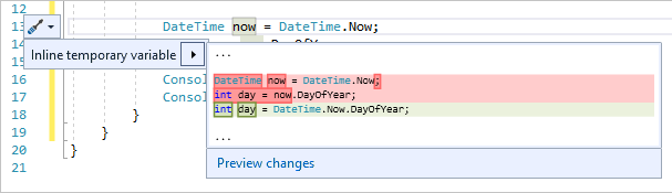 Screenshot showing the Inline temporary variable suggestion in Visual Studio.