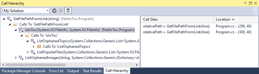 Screenshot that shows the Call Hierarchy window.