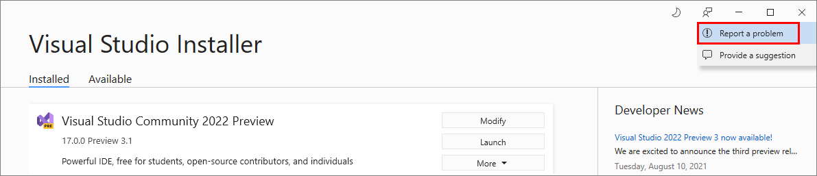 Visual Studio インストーラーの [フィードバックの送信] ボタンを示すスクリーンショット。