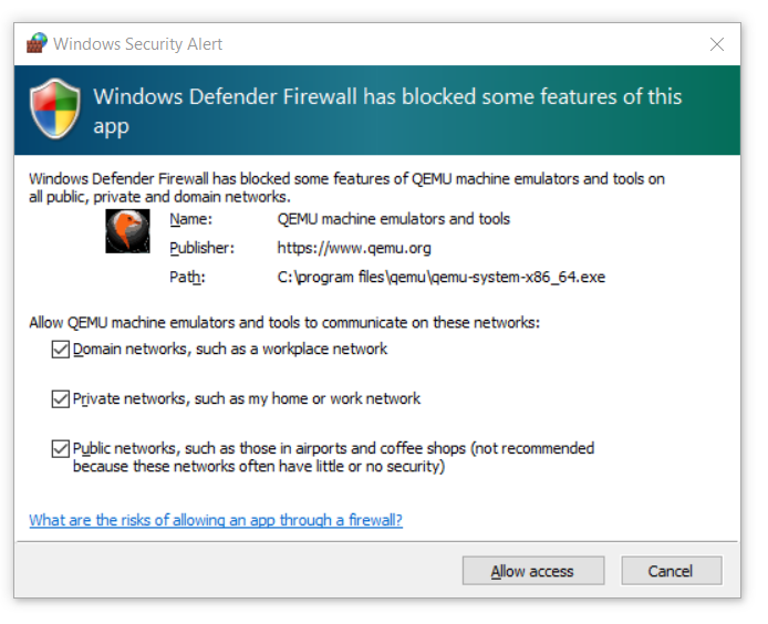 Windows Defender Firewall dialog box with all three options checked.