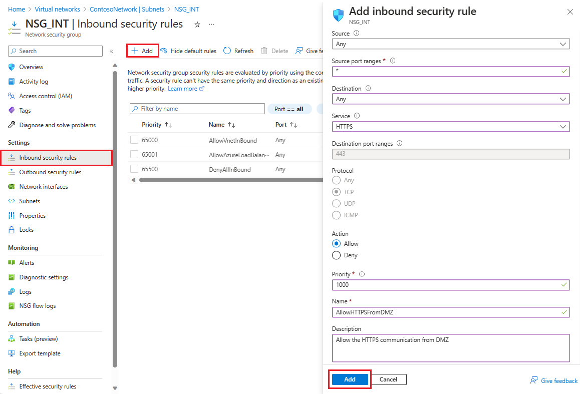 Screenshot showing how to add an inbound security rule.