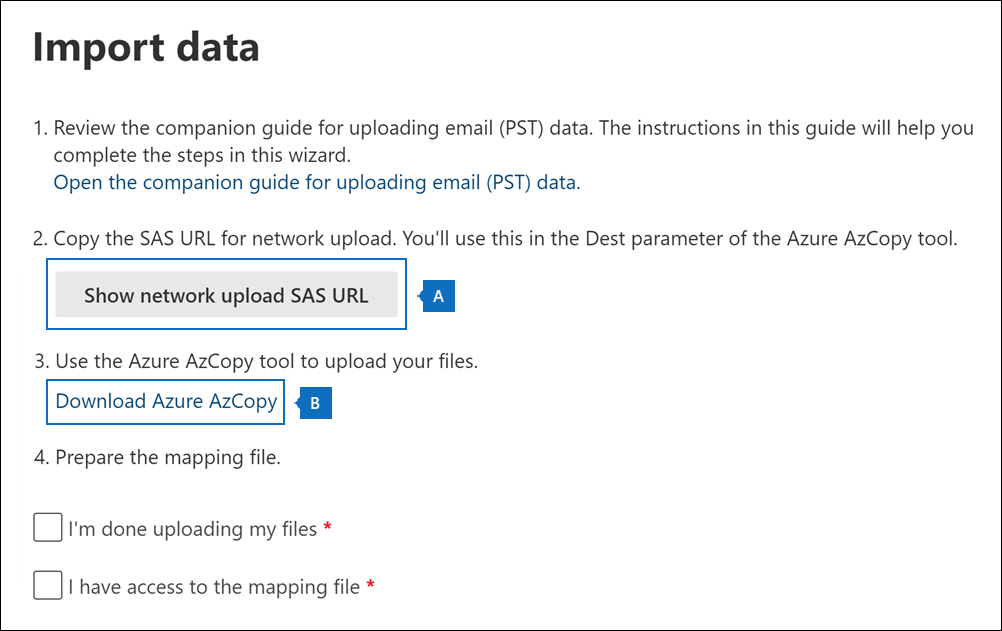 [データのインポート] ページで SAS URL をコピーして AzCopy ツールをダウンロードします。
