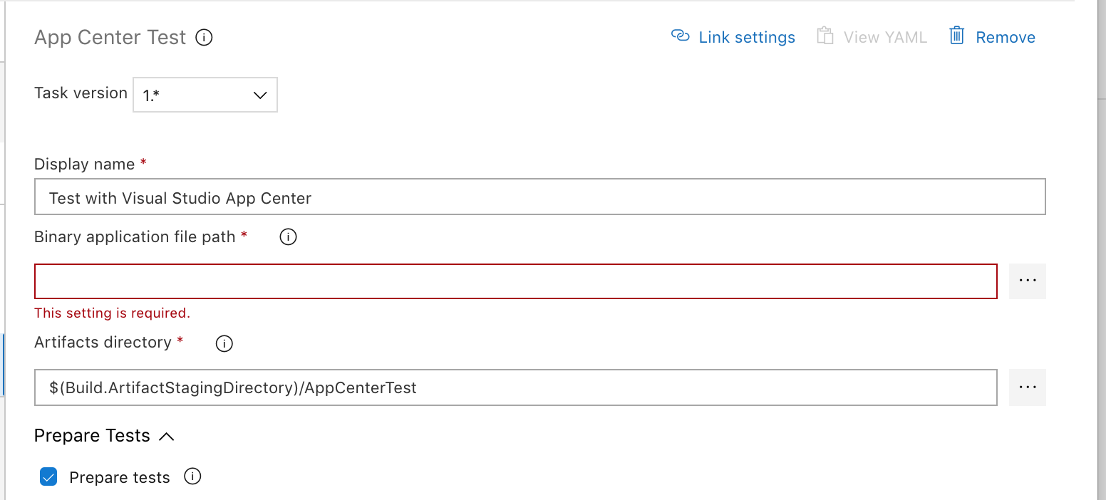 App Center テスト タスクの一般的なセクション