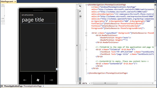 スマートフォンの画面とコード ビューが表示されている既定の Windows Phone プロジェクト