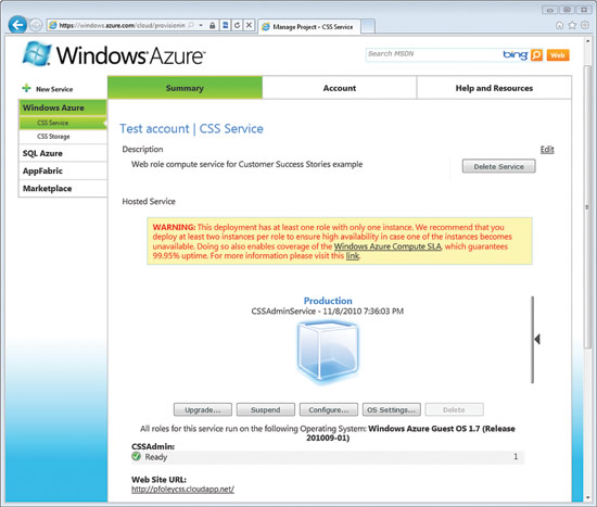 Windows Azure の配置済みサービス