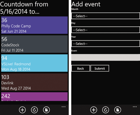 Windows Phone で生成された Countdown ページと Add event ページ