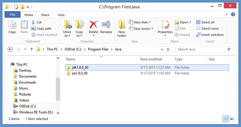 C:\Program Files\Java\ にインストールされた Java JDK と JRE
