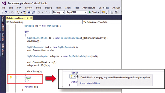 別のインスタンスで空の Catch ブロック診断を実行する Visual Studio 