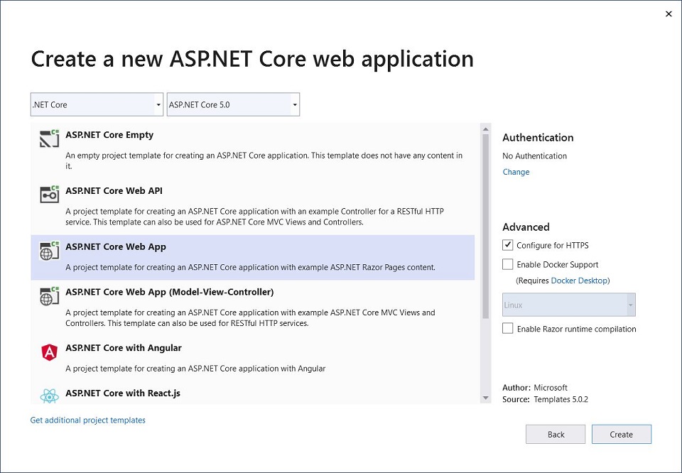 New ASP.NET Core Project dialog