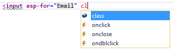 ユーザーは「cl」を入力して、"input" 要素に属性を追加します。 IntelliSense により、"class" が選択された状態で入力候補の提案の一覧が示されます。