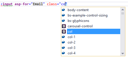 ユーザーは、"input" 要素の "class" 属性の値として「co」と入力します。 IntelliSense により、"col" が選択された状態で使用できる入力候補の一覧が提供されます。