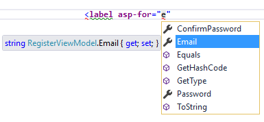 ユーザーは、"asp-for" 属性の値に「e」を入力します。 IntelliSense により、"Email" が選択された状態で使用できる入力候補が示されます。