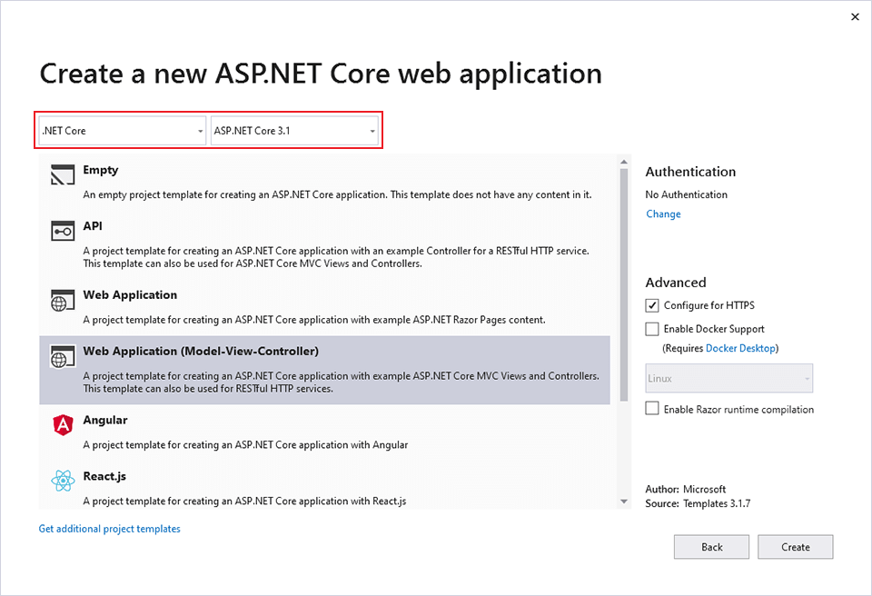 [新しいプロジェクト] ダイアログ、左ウィンドウの .NET Core、ASP.NET Core Web 
