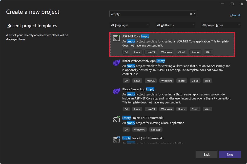 Visual Studio の [新しいプロジェクトの作成]