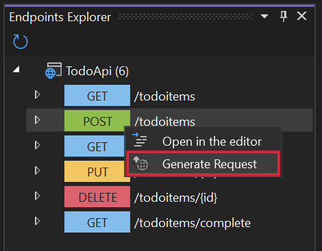 Endpoints Explorer のコンテキスト メニュー。[要求の生成] メニュー項目が強調表示されています。