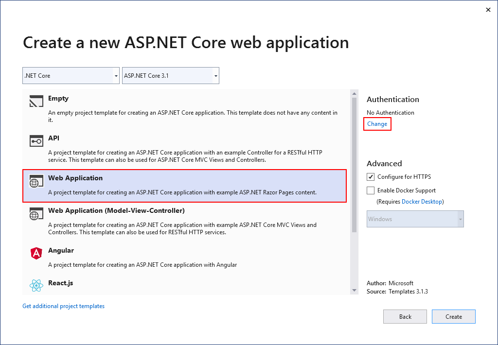 New ASP.NET Core Web dialog