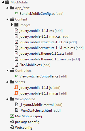 M V C Mobile のフォルダーとファイルを示すスクリーンショット。