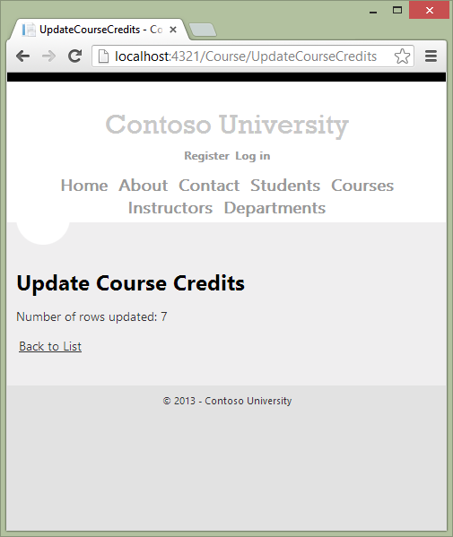 Contoso University Update Course クレジット行の影響を受けるページを示すスクリーンショット。