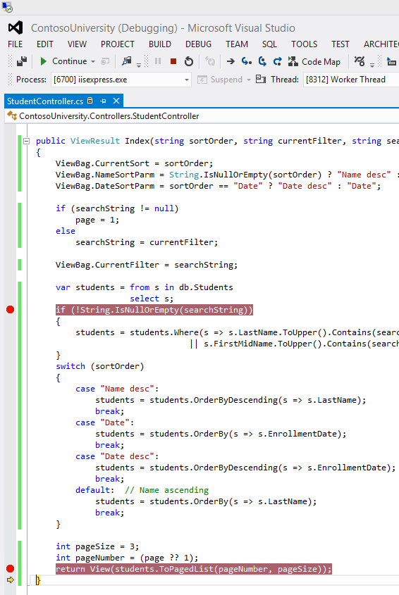 Student Controller コードを示すスクリーンショット。コードの検索文字列行と、コードの [ページ一覧へ] 行が強調表示されています。